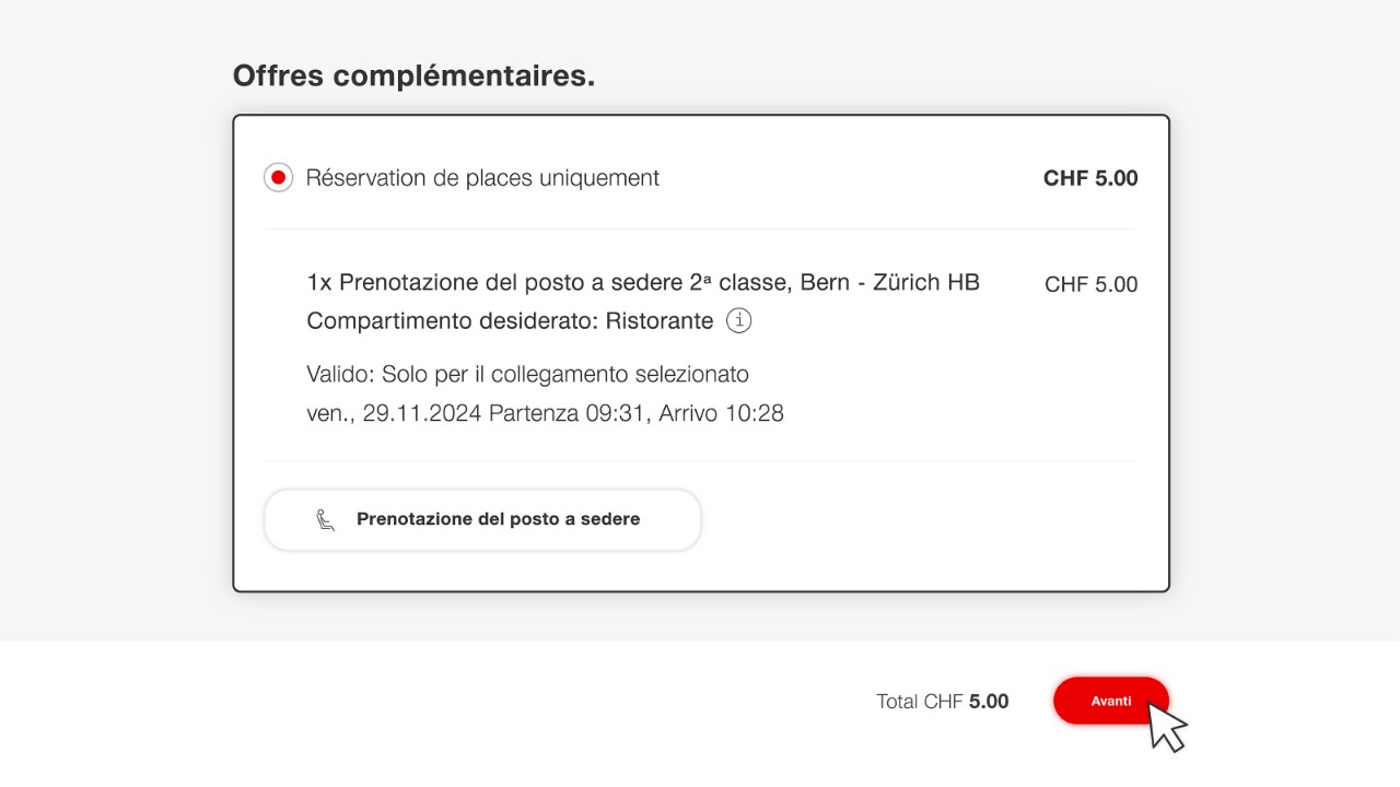 A questo punto viene visualizzata la prenotazione del tuo posto a sedere nel Ristorante FFS per l’itinerario scelto. Fai clic su «Avanti» e concludi l’acquisto. 
Riceverai immediatamente un’e-mail di conferma. Nella carrozza ristorante/bistrò, mostra il codice QR presente nella conferma oppure la prenotazione stampata o salvata in formato PDF. Sarai accompagnato/a al posto prenotato e beneficerai dell’accredito di 5 franchi. 
Suggerimento: se hai effettuato l’accesso e hai collegato il tuo login con Mobile FFS, puoi mostrare la prenotazione anche nell’app.