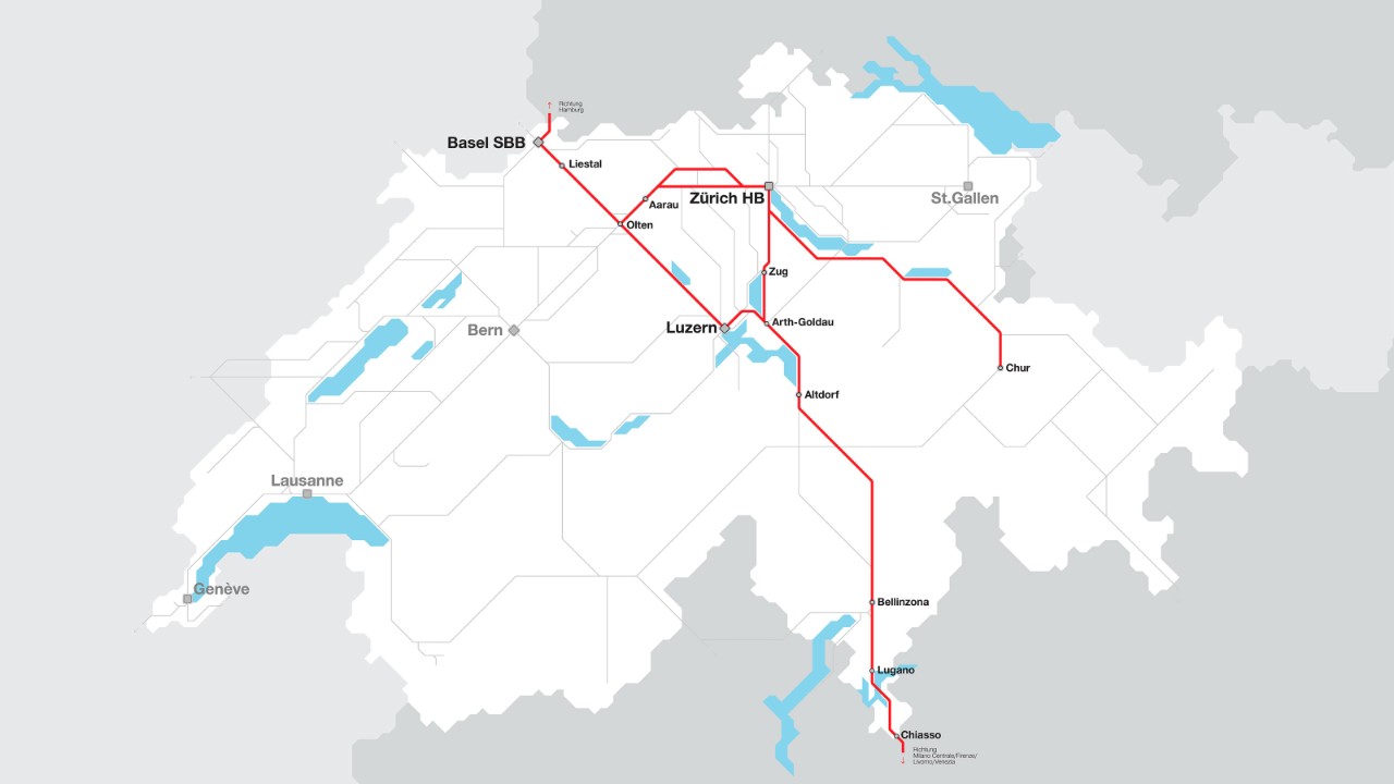 Le Giruno circule principalement sur l’axe nord-sud et sur les lignes Zürich–Zug–Luzern et Zürich–Chur.