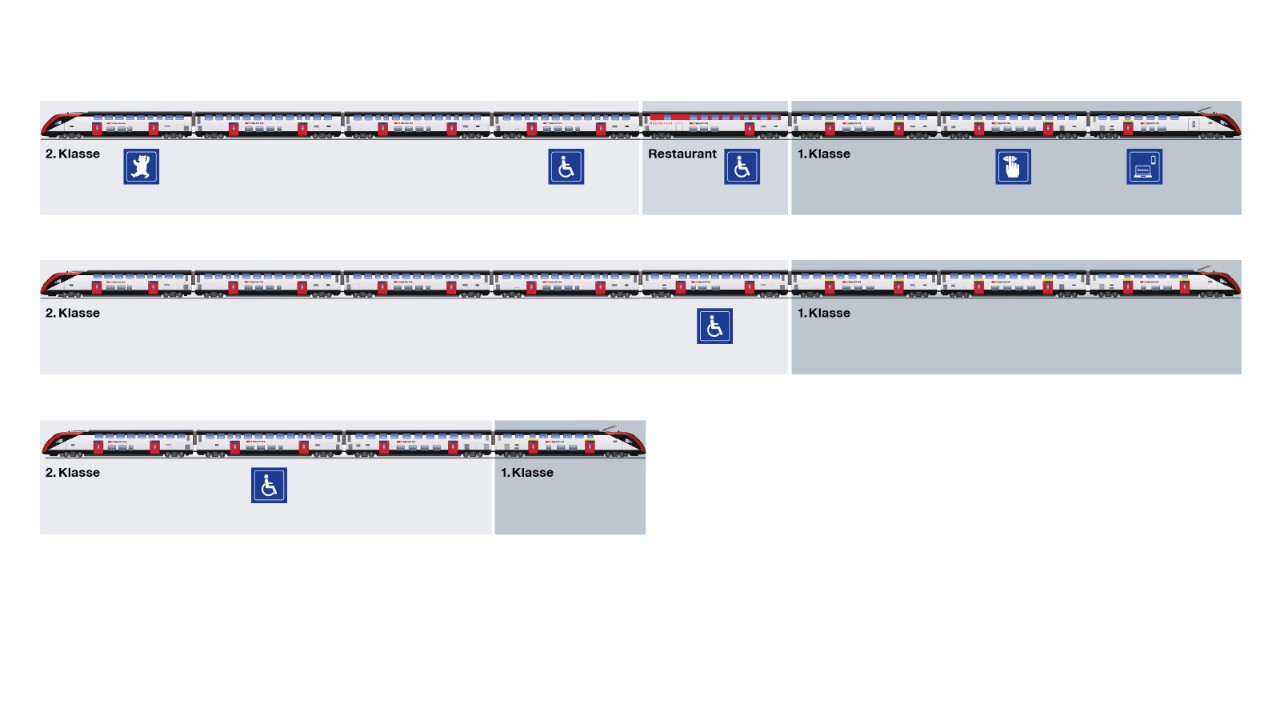 Panoramica dei tre tipi di treni(IC 200, IR 200 e IR 100).L’IC 200 dispone di una carrozza ristorante e di una carrozza famiglia.Le FFS hanno ordinato 23 IC 200, 30 IR 200 e 9 IR 100.L’IC 200 dispone di 606 posti a sedere,l’IR 200 di 682 e l’IR 100 di 330